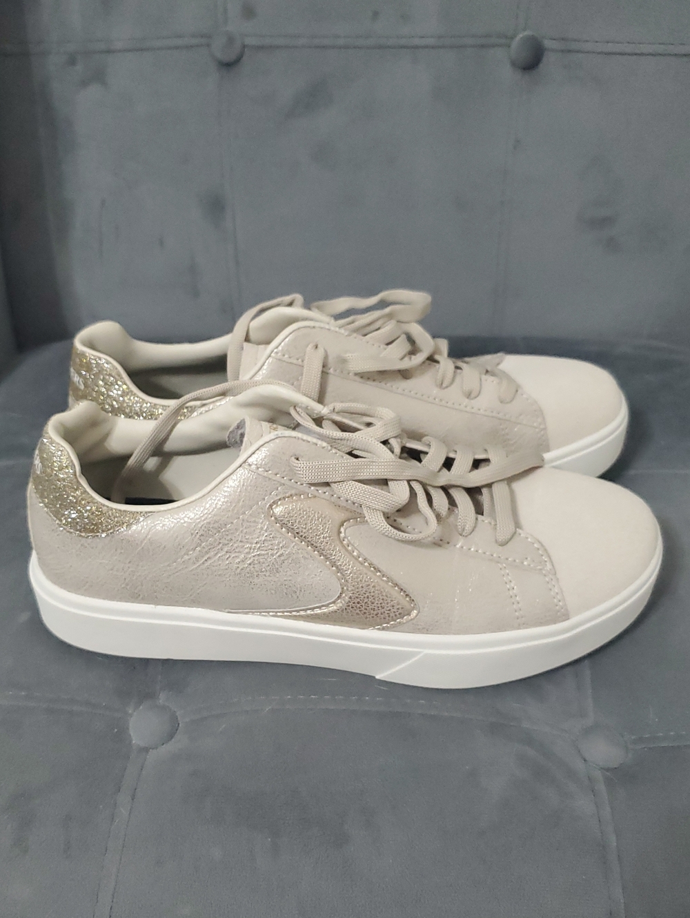 Skechers Women's Neutral Beige Lace-Up Sneakers with Gold Heel Accent